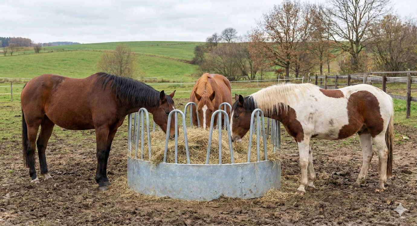 Pferde an Heuraufe