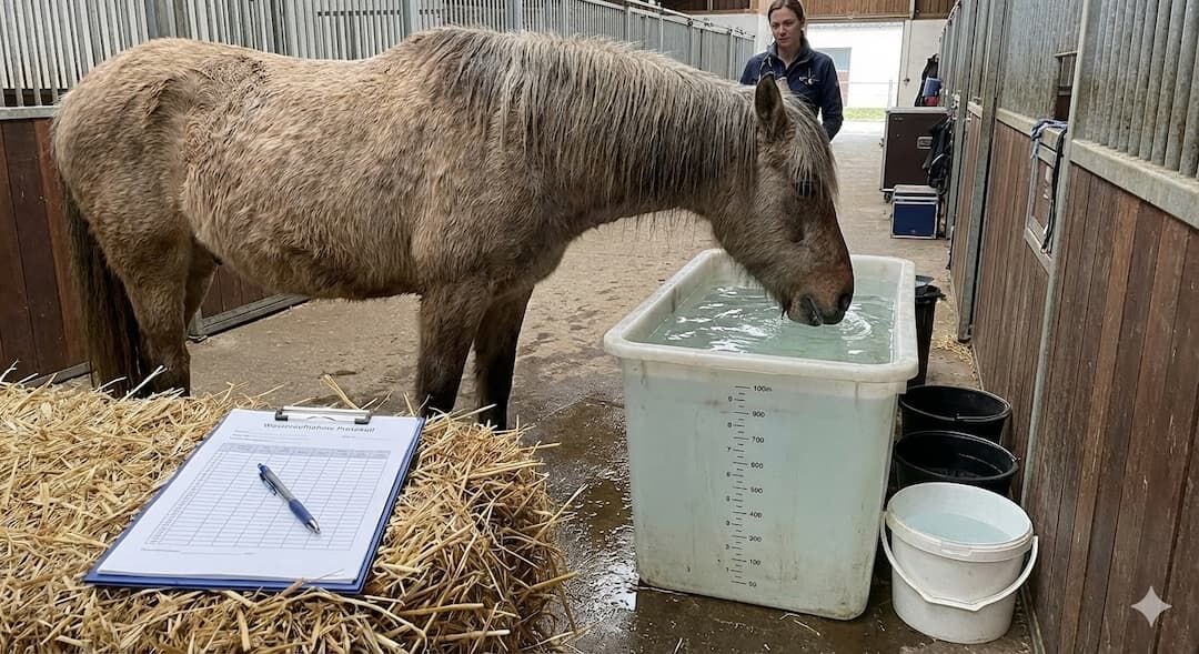 Pferd trinkt in der Stallgasse