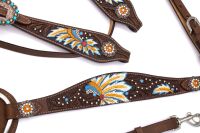 Set aus Westerntrense und Vorderzeug im Indianerdesign, Häuptlingsfedern, punziert, türkis