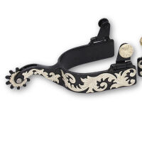 Schwarze Westernsporen mit graviertem Overlay auf Sporen...