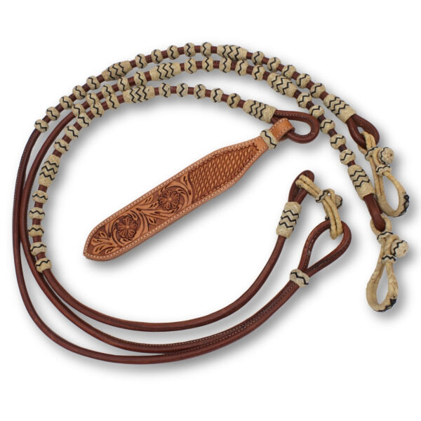 Zügel, Chestnut Leder Romal Reins mit Rohhaut und Lederklatsche, verziert, rund genäht